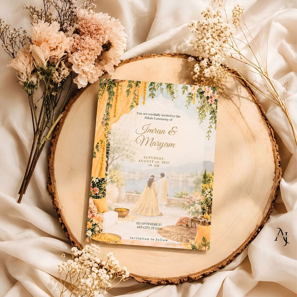 Yellow Haldi invitation on a wood slice with dried flowers