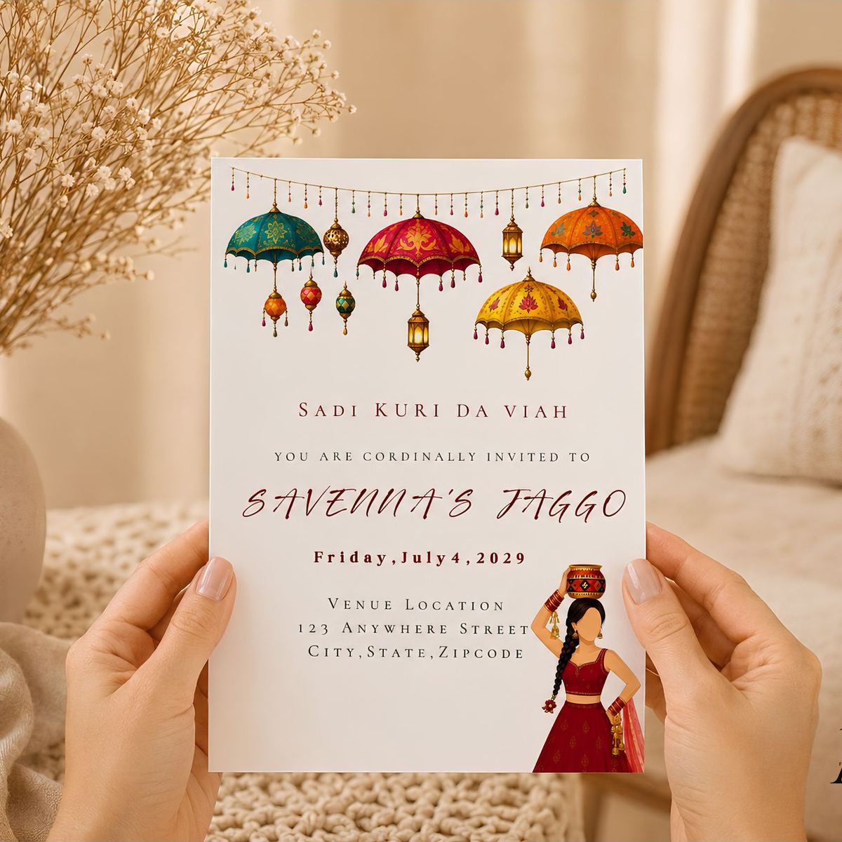 Hands holding a Jaggo invitation illustrated with colorful umbrellas and lanterns