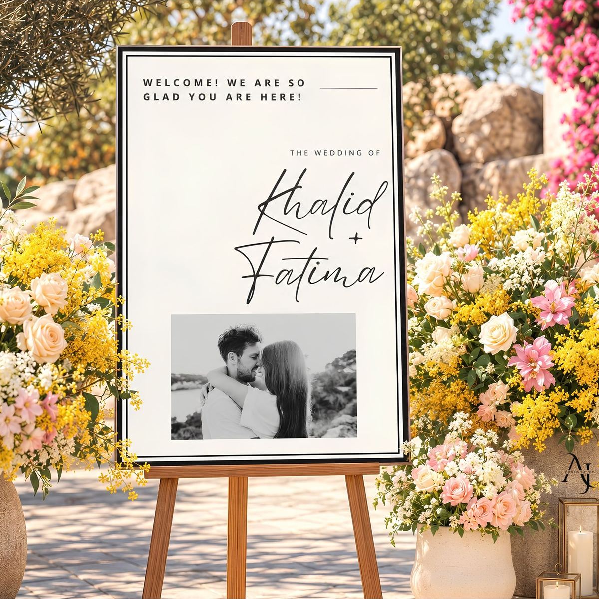 Black and white photo welcome sign on an easel, surrounded by flowers